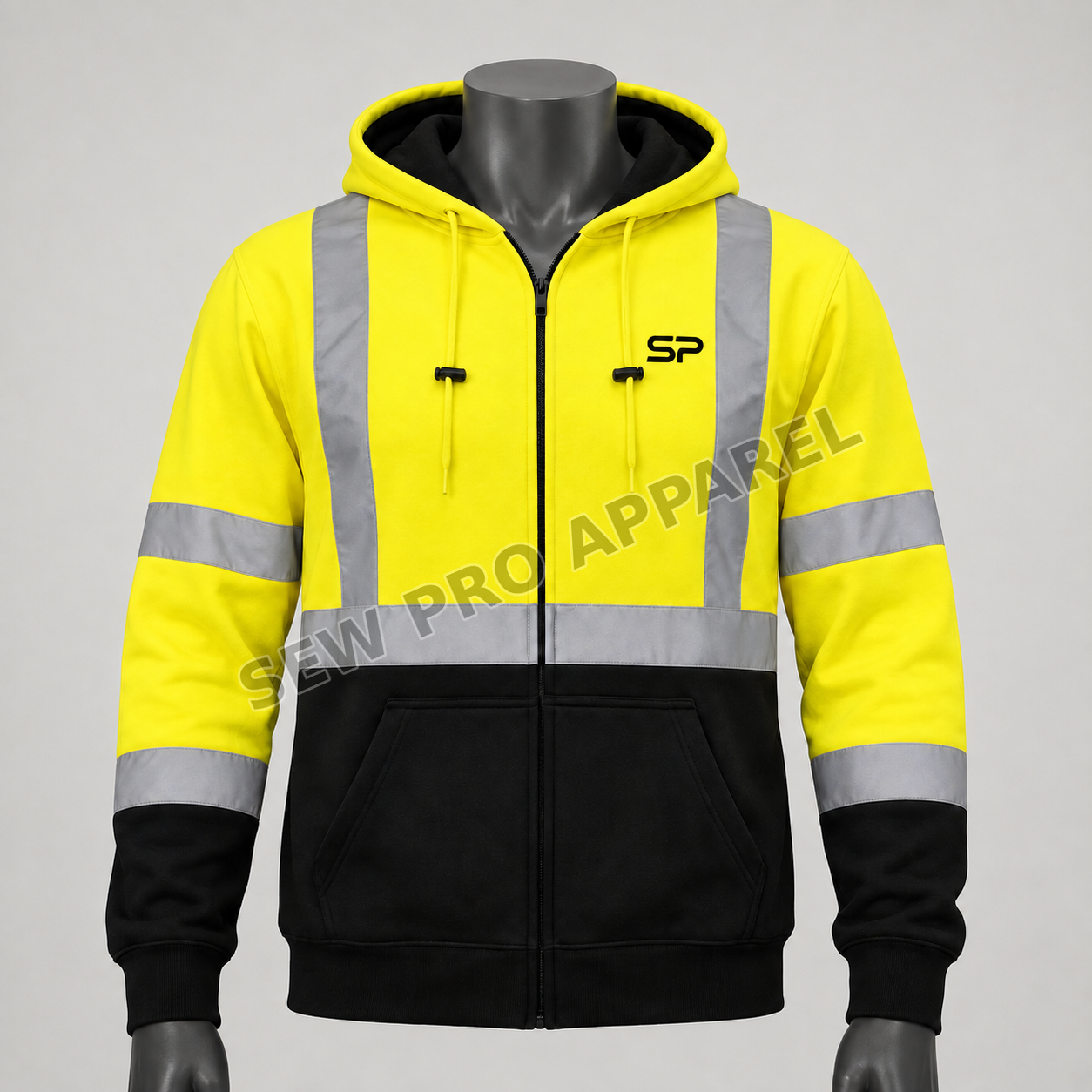 Sew Pro contrast hi-vis reflective full-zip hoodie, front view