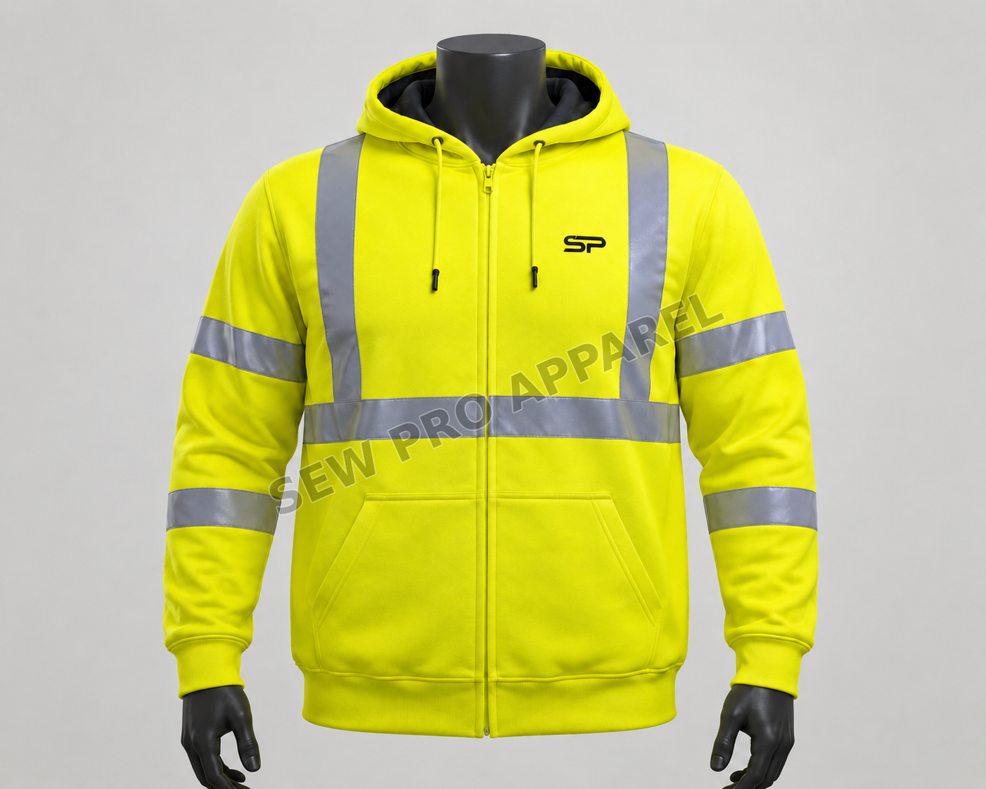 Sew Pro all-yellow hi-vis reflective full-zip hoodie, front view